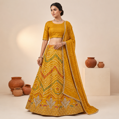 Mustard Yellow Embroidered Bandhani Lehenga Set with Dupatta