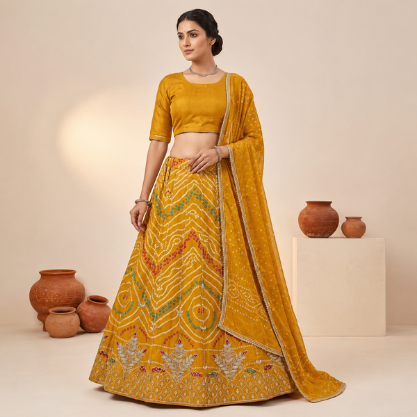 Mustard Yellow Embroidered Bandhani Lehenga Set with Dupatta