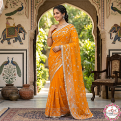 Bright Orange Georgette Embroidery Saree with Unstitched Blouse