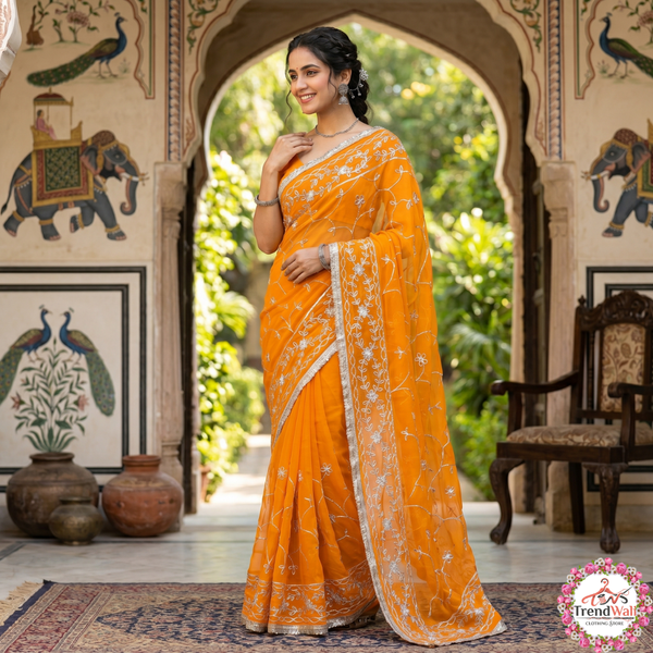 Bright Orange Georgette Embroidery Saree with Unstitched Blouse