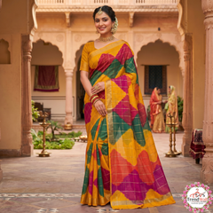 Multicolor Checked Kathan Doriya Saree With Blouse