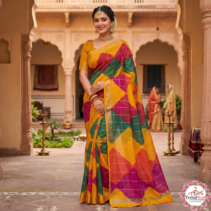 Multicolor Checked Kathan Doriya Saree With Blouse