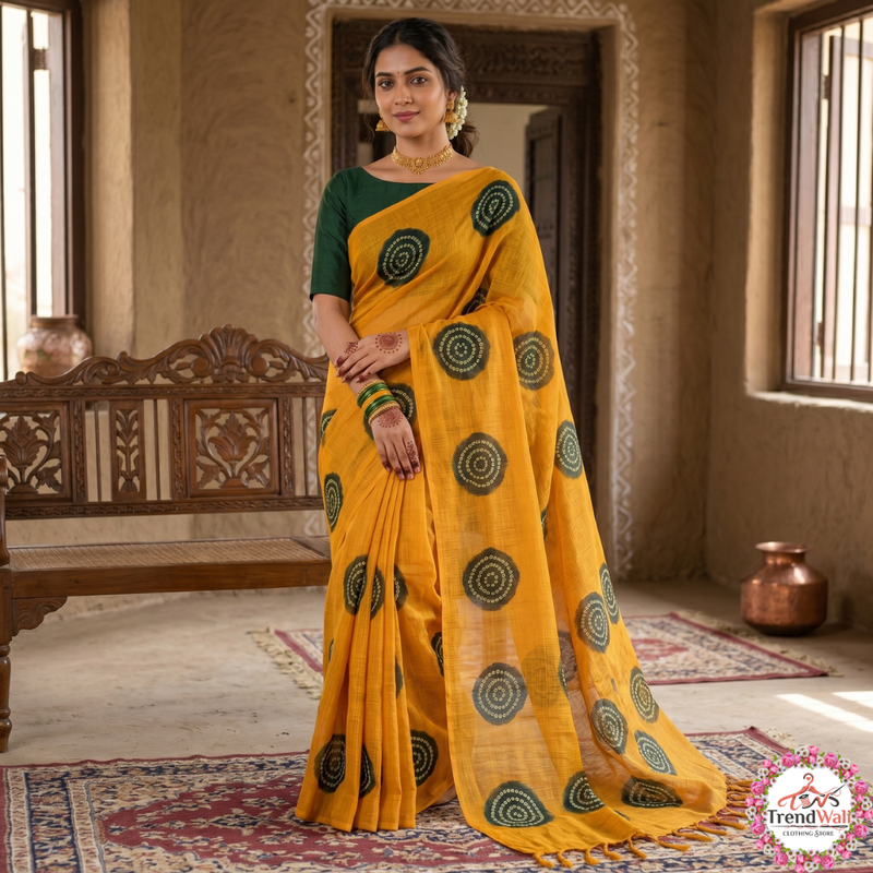 Mustard Printed Kathan Doriya Saree Without Blouse