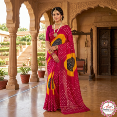 Pink Bandhani Print Kathan Doriya Saree Without Blouse