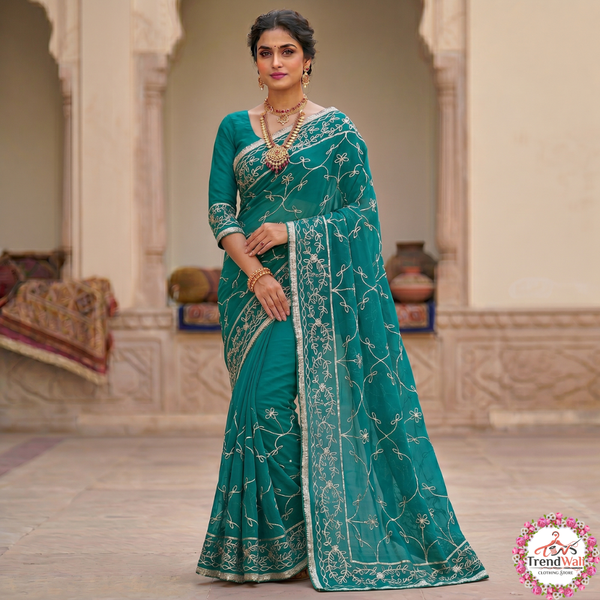 Turquoise Blue Georgette Embroidery Saree with Unstitched Blouse