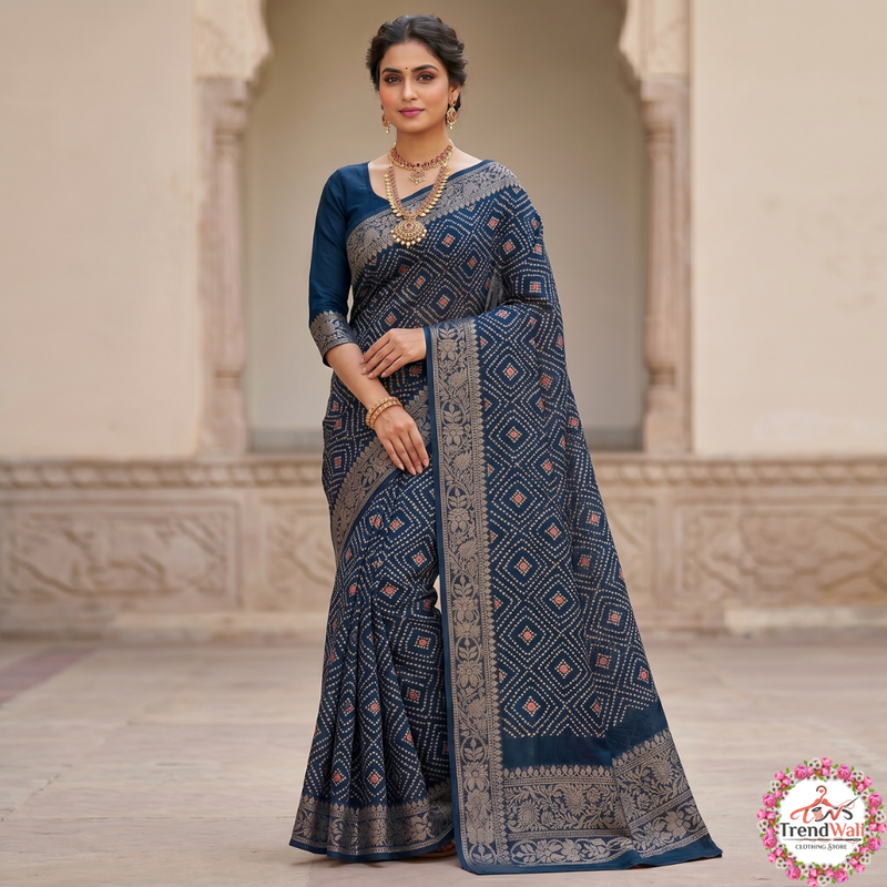 Elegant Navy Blue Mop Silk Jari Border Saree with Blouse