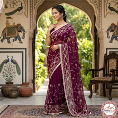 Purple Georgette Embroidery Saree with Unstitched Blouse