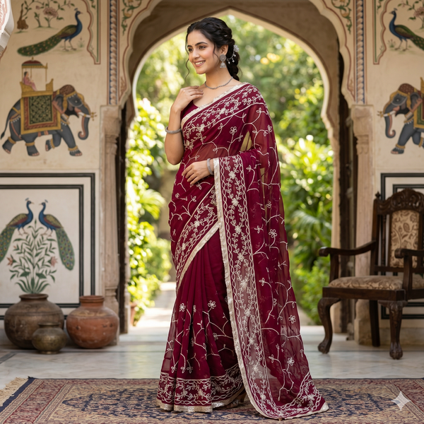 Rani Pink Georgette Embroidery Saree with Unstitched Blouse