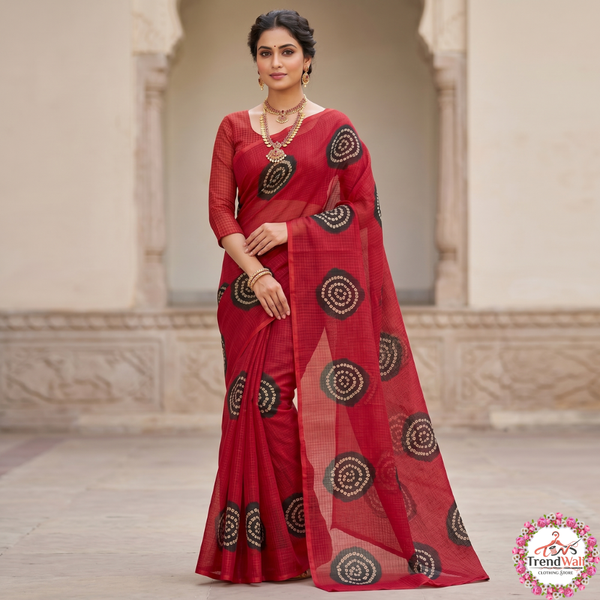 Red Printed Kathan Doriya Saree Without Blouse