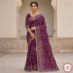 Wine Purple Georgette Embroidery Saree with Unstitched Blouse