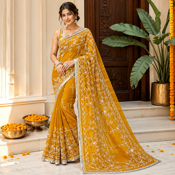 Mustard Yellow Georgette Embroidery Saree with Unstitched Blouse
