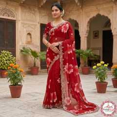 Elegant Red Chiffon Printed Bollywood Crepe Saree with Mirror Work Border