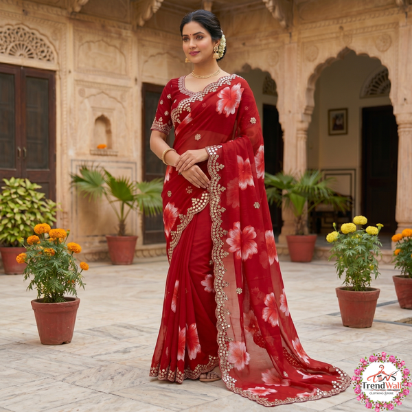 Elegant Red Chiffon Printed Bollywood Crepe Saree with Mirror Work Border