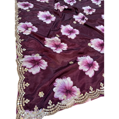 Wine Purple Chiffon Printed Bollywood Crepe Saree with Unstitched Blouse