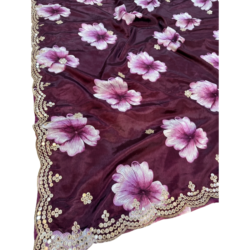 Wine Purple Chiffon Printed Bollywood Crepe Saree with Unstitched Blouse