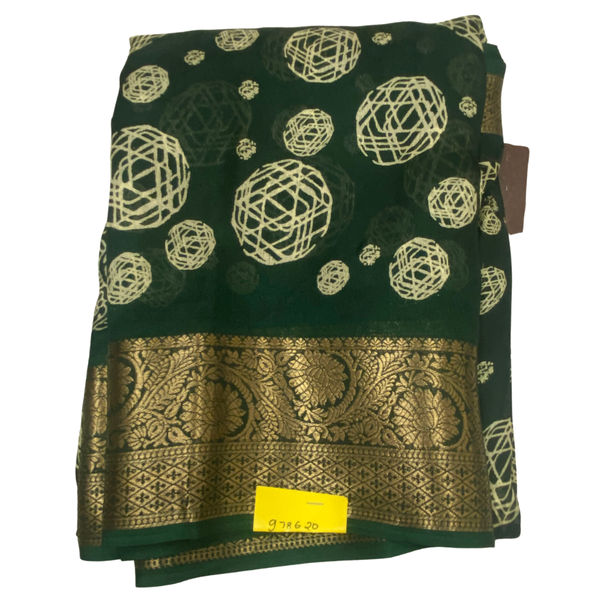 Elegant Dark Green Printed Silk Saree with Jari Border
