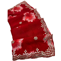 Elegant Red Chiffon Printed Bollywood Crepe Saree with Mirror Work Border