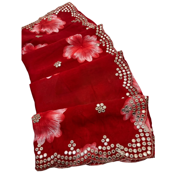Elegant Red Chiffon Printed Bollywood Crepe Saree with Mirror Work Border