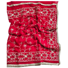 Elegant Red Georgette Embroidery Saree with Unstitched Blouse