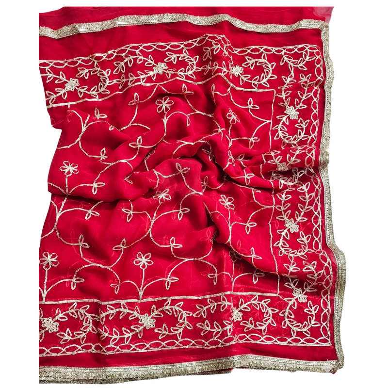 Elegant Red Georgette Embroidery Saree with Unstitched Blouse