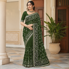 Elegant Dark Green Georgette Embroidery Saree with Unstitched Blouse