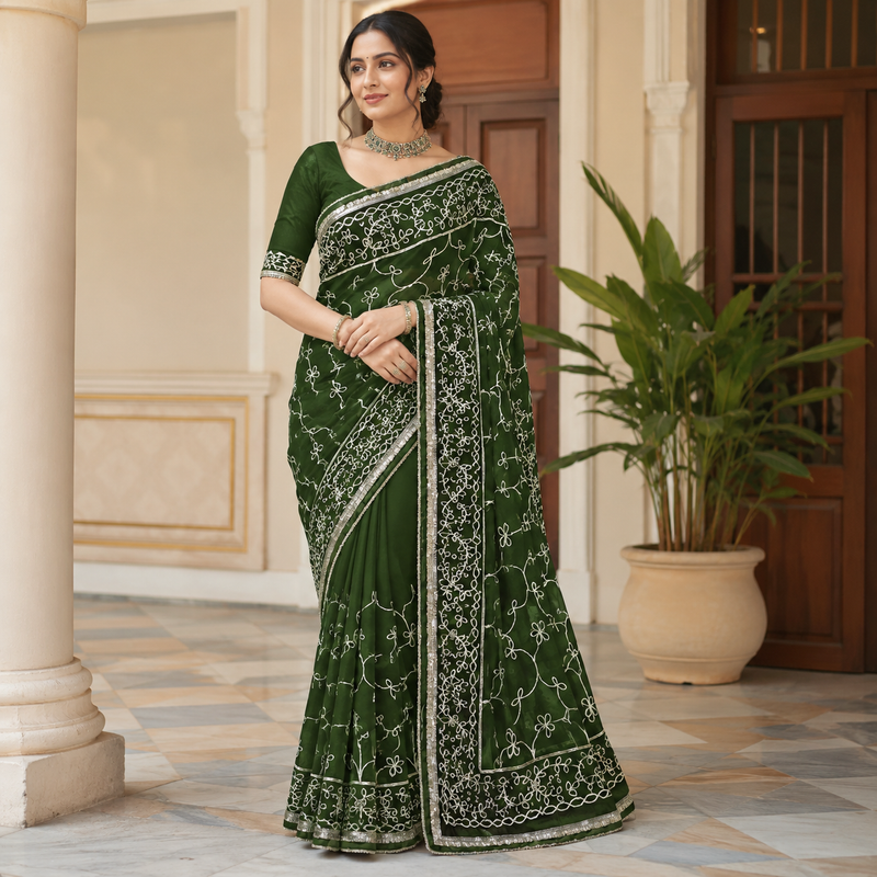 Elegant Dark Green Georgette Embroidery Saree with Unstitched Blouse