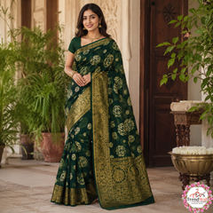 Elegant Dark Green Printed Silk Saree with Jari Border