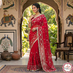Elegant Red Georgette Embroidery Saree with Unstitched Blouse