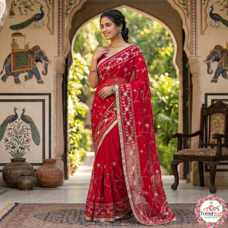 Elegant Red Georgette Embroidery Saree with Unstitched Blouse