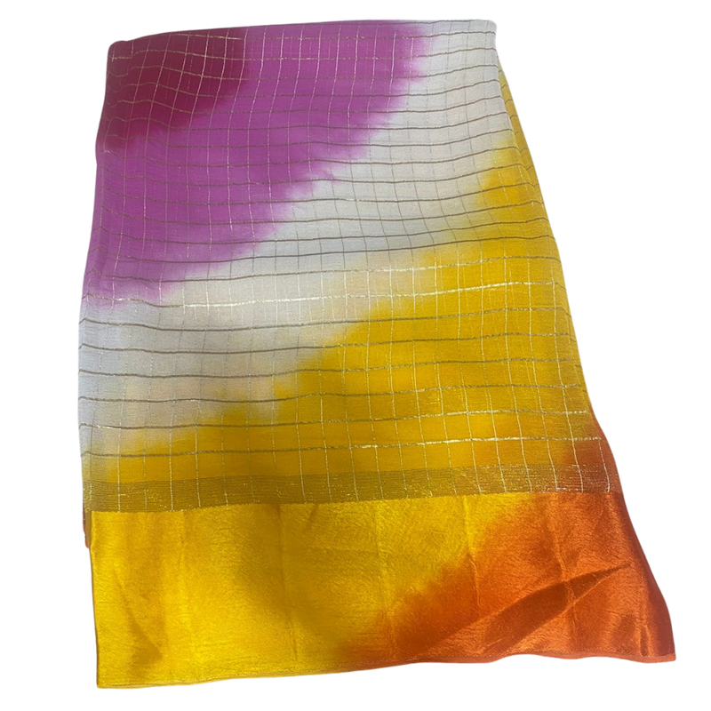 Multicolor Georgette Zari Checks Saree with Resham Border (Without Blouse)