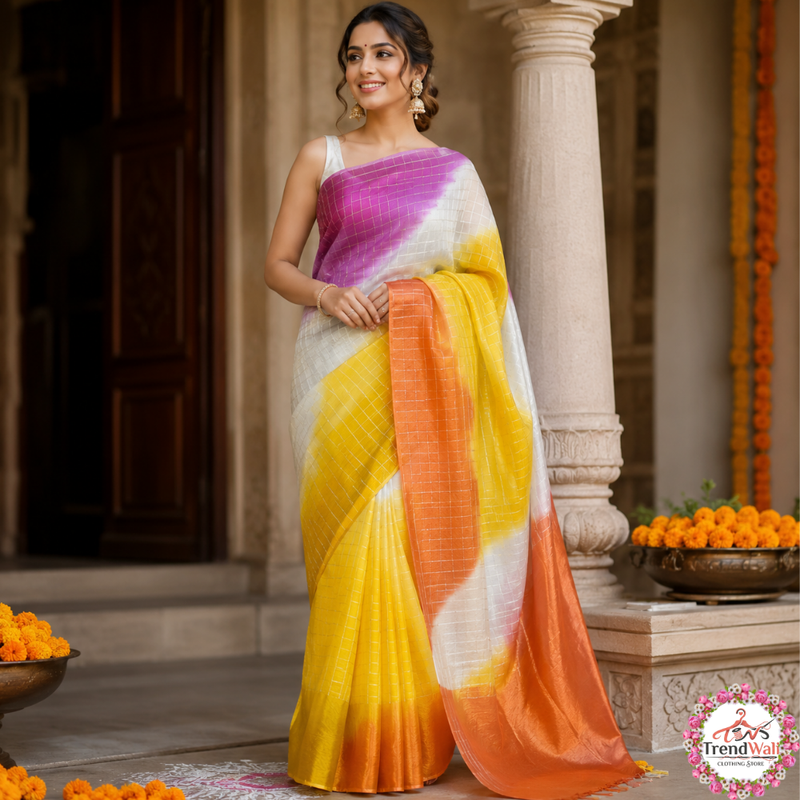 Multicolor Georgette Zari Checks Saree with Resham Border (Without Blouse)