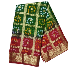 Green Red Dual Tone Bandhani Art Silk Jacquard Gharchola Saree with Unstitched Blouse