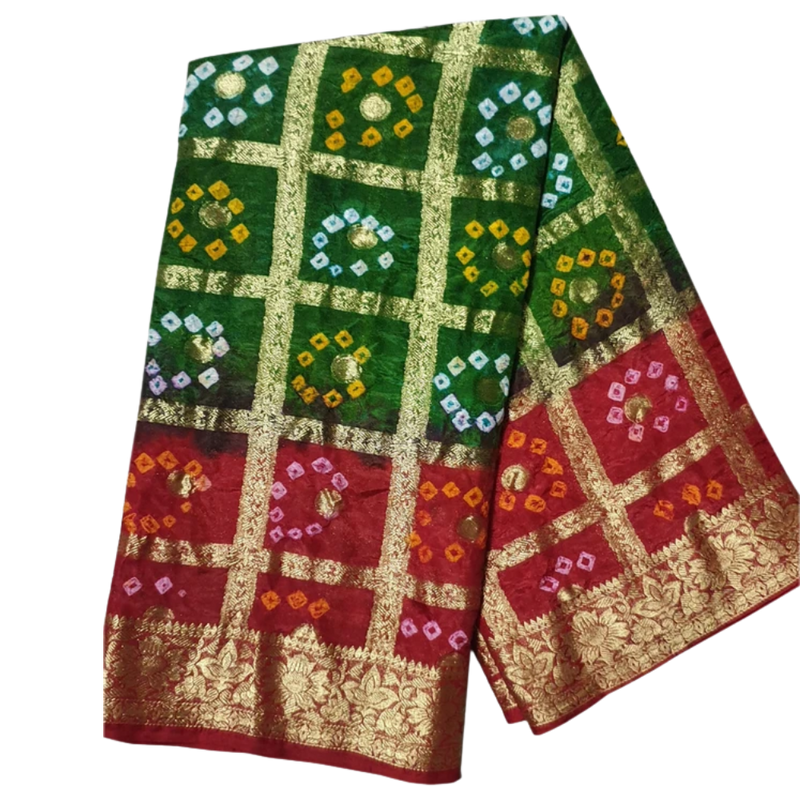 Green Red Dual Tone Bandhani Art Silk Jacquard Gharchola Saree with Unstitched Blouse