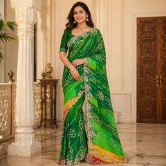 Green Leheriya Embroidered Saree with Unstitched Blouse