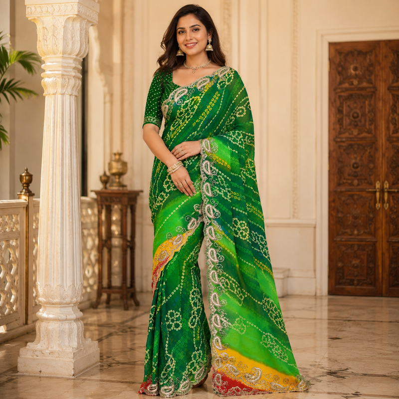 Green Leheriya Embroidered Saree with Unstitched Blouse