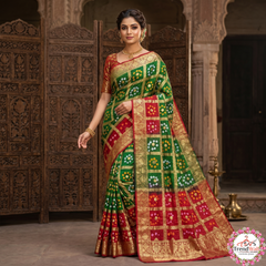 Green Red Dual Tone Bandhani Art Silk Jacquard Gharchola Saree with Unstitched Blouse