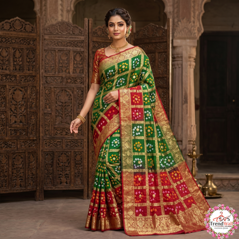 Green Red Dual Tone Bandhani Art Silk Jacquard Gharchola Saree with Unstitched Blouse