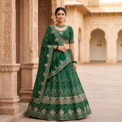 Green Embroidered Bandhani Semi-Stitched Lehenga Set with Dupatta