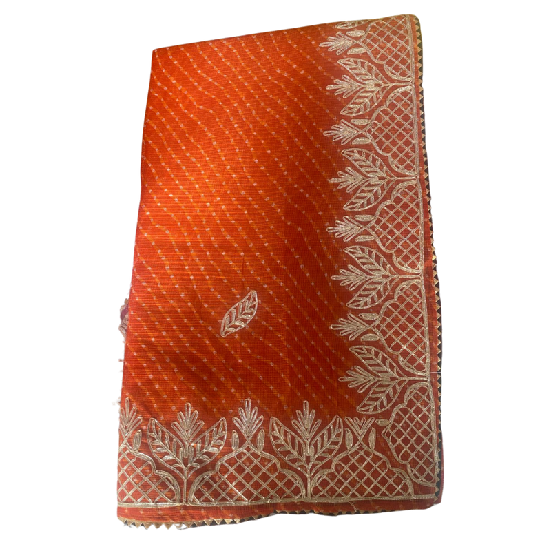 Orange Leheriya Gota Patti Handmade Saree Without Blouse