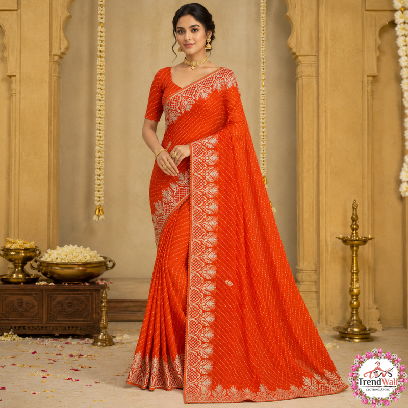Orange Leheriya Gota Patti Handmade Saree Without Blouse