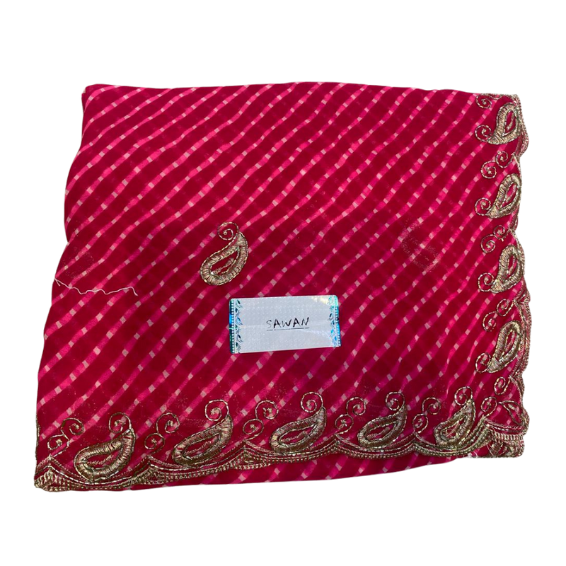 Rani Pink Leheriya Saree with Embroidered Border and Unstitched Blouse