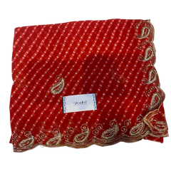 Red Leheriya Saree with Embroidered Paisley Border and Unstitched Blouse