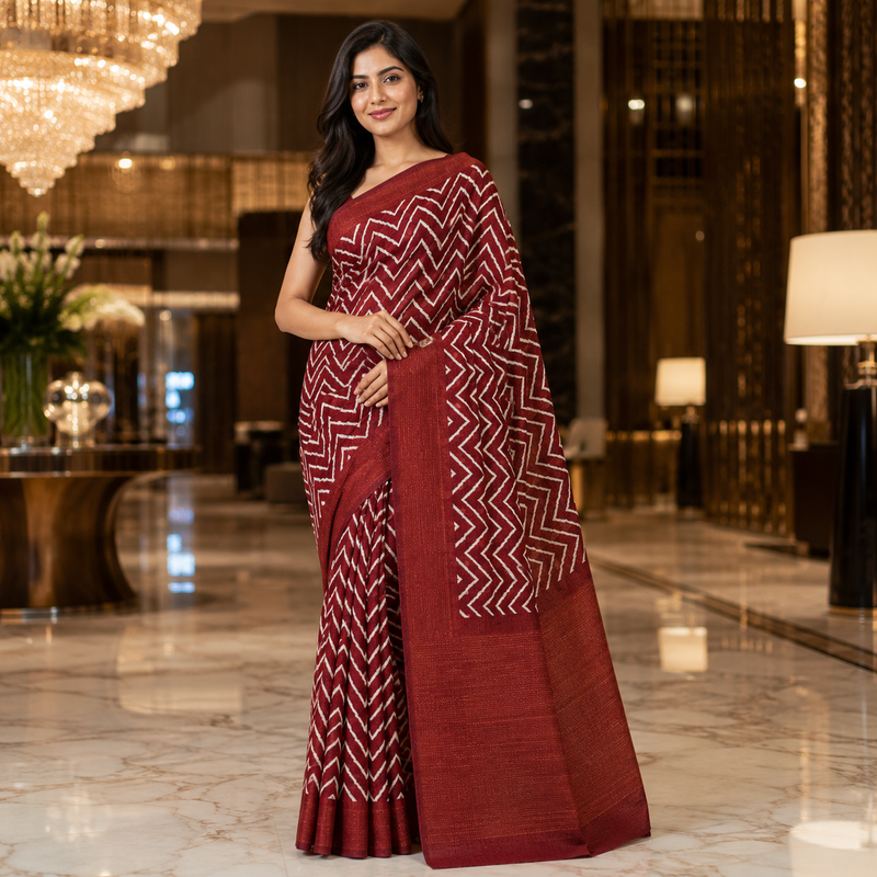 Maroon Chevron Weave Cotton Silk Saree