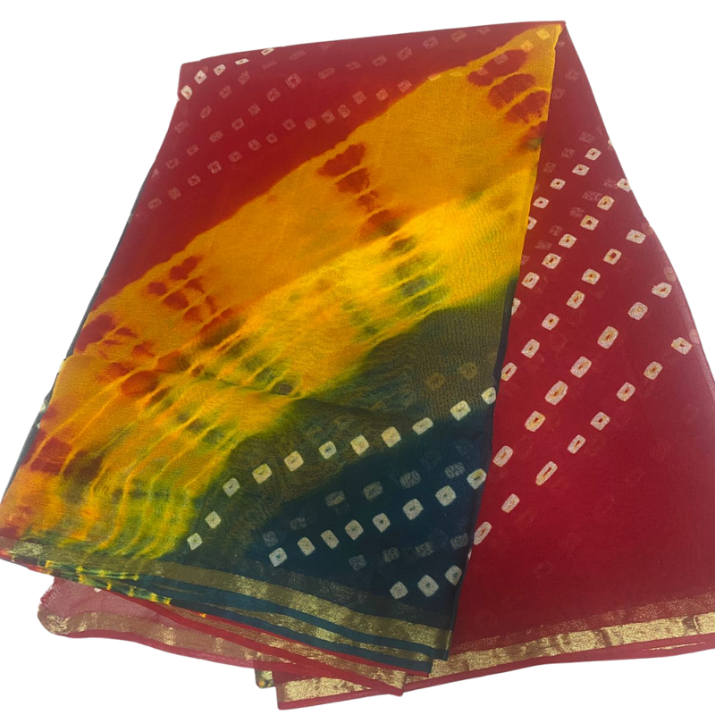 Multicolor Handmade Bandhani Georgette Saree without Blouse