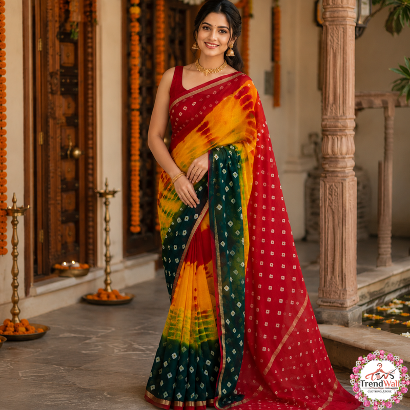 Multicolor Handmade Bandhani Georgette Saree without Blouse