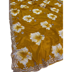 Mustard Yellow Chiffon Printed Bollywood Crepe Saree with Unstitched Blouse