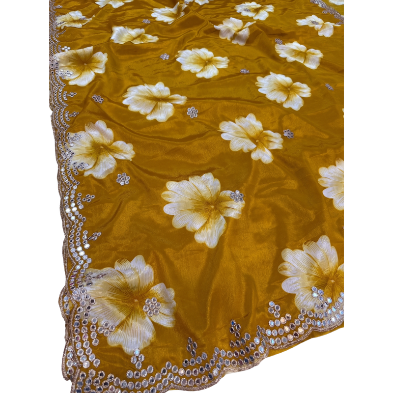 Mustard Yellow Chiffon Printed Bollywood Crepe Saree with Unstitched Blouse
