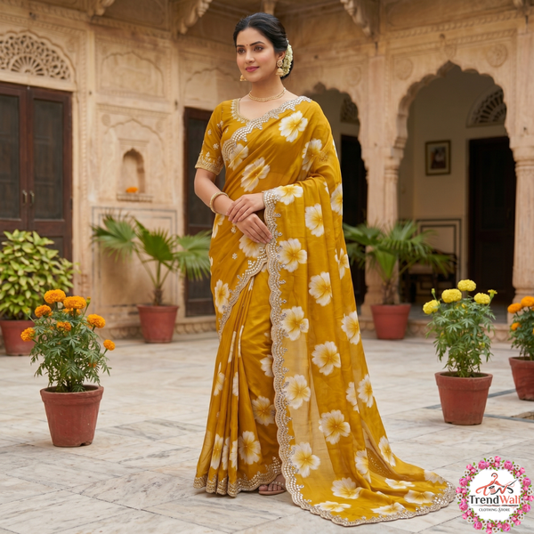 Mustard Yellow Chiffon Printed Bollywood Crepe Saree with Unstitched Blouse