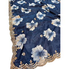 Navy Blue Chiffon Printed Bollywood Crepe Saree with Unstitched Blouse