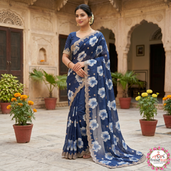 Navy Blue Chiffon Printed Bollywood Crepe Saree with Unstitched Blouse